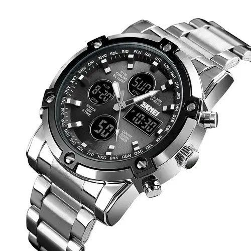 Часы наручные мужские SKMEI 1389SIBK SILVER-BLACK, модные мужские часы. Цвет: серебряный + черный