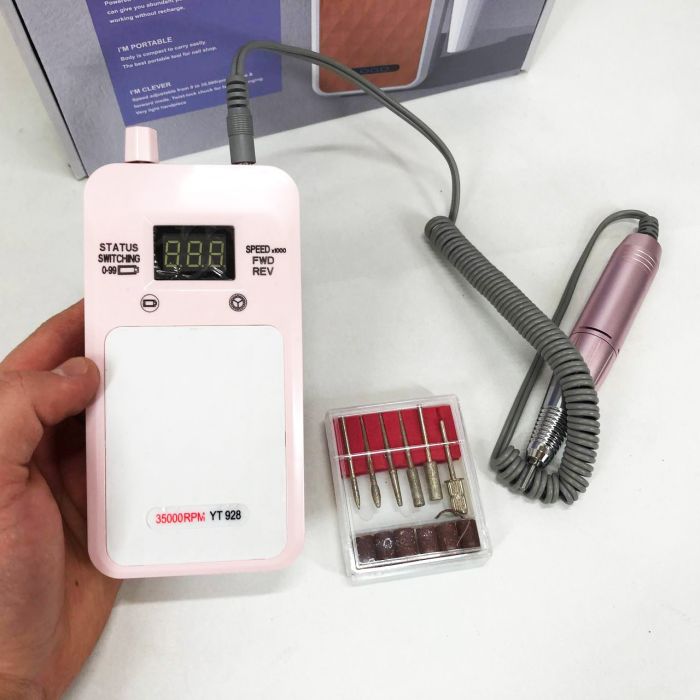 Портативный Фрезер для ногтей Nail Drill YT-928 аккумуляторный с индикатором заряда на 35 000 оборотов. Цвет: розовый