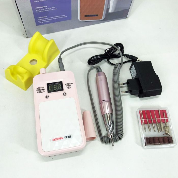 Портативный Фрезер для ногтей Nail Drill YT-928 аккумуляторный с индикатором заряда на 35 000 оборотов. Цвет: розовый