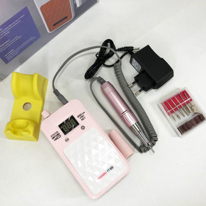 Портативный Фрезер для ногтей Nail Drill YT-928 аккумуляторный с индикатором заряда на 35 000 оборотов. Цвет: розовый