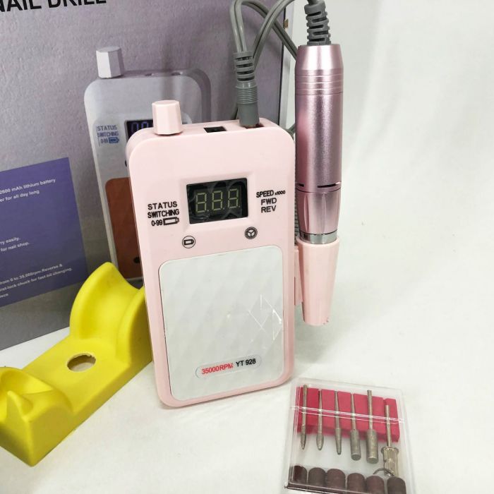 Портативный Фрезер для ногтей Nail Drill YT-928 аккумуляторный с индикатором заряда на 35 000 оборотов. Цвет: розовый