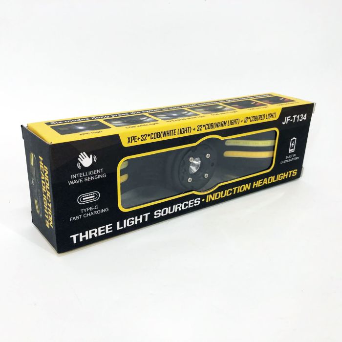 Фонарь налобный T134-XPE-4COB (white+yellow+red) Motion Sensor, налобный фонарик с usb зарядкой