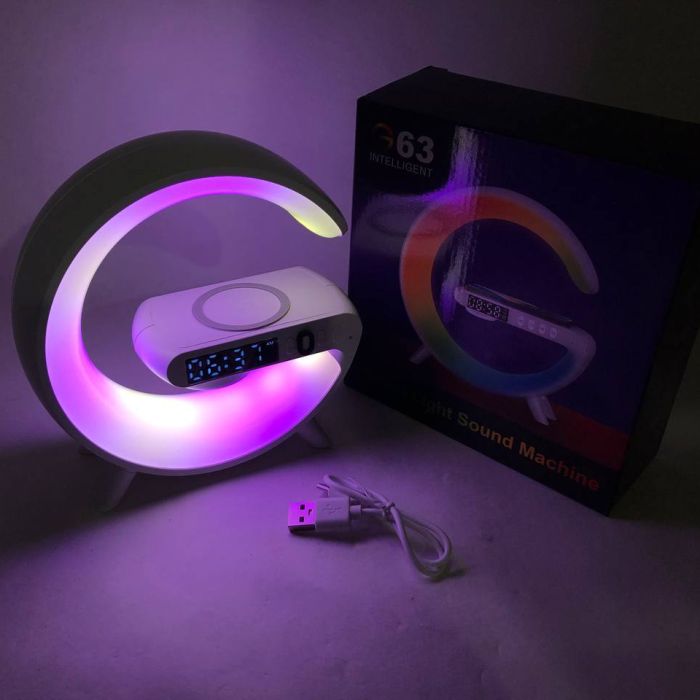 Умный Ночник светильник G63 мини с Bluetooth Колонкой беспроводной зарядкой 10W Часами и RGB подсветкой
