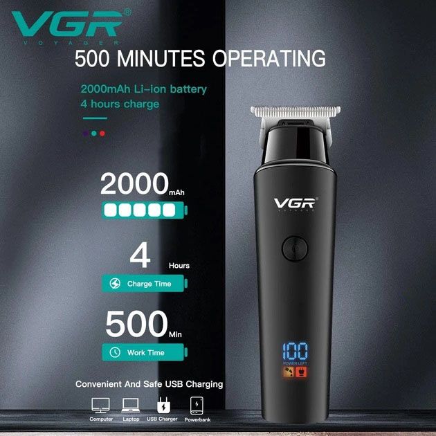 Триммер для волос VGR V-937, с USB-кабелем для зарядки, светодиодным дисплеем, 3 насадками