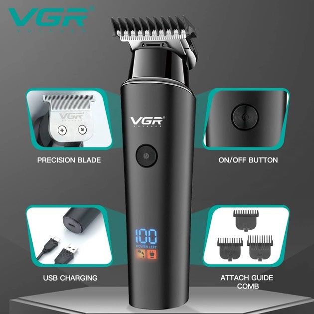 Триммер для волос VGR V-937, с USB-кабелем для зарядки, светодиодным дисплеем, 3 насадками