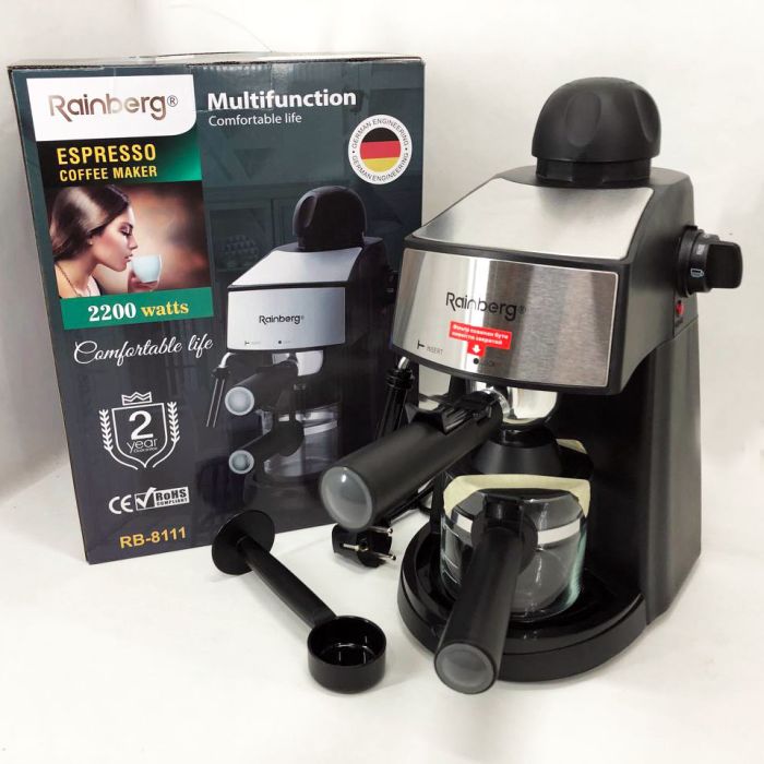 Кофемашина Rainberg RB-8111 кофеварка рожковая с капучинатором 2200W Espresso, маленькая кофемашина