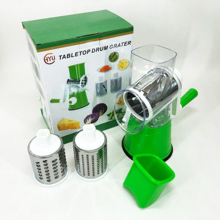 Овощерезка мультислайсер Tabletop Drum Grater Kitchen Master Терка для овощей и фруктов 3 насадки. Цвет: зеленый