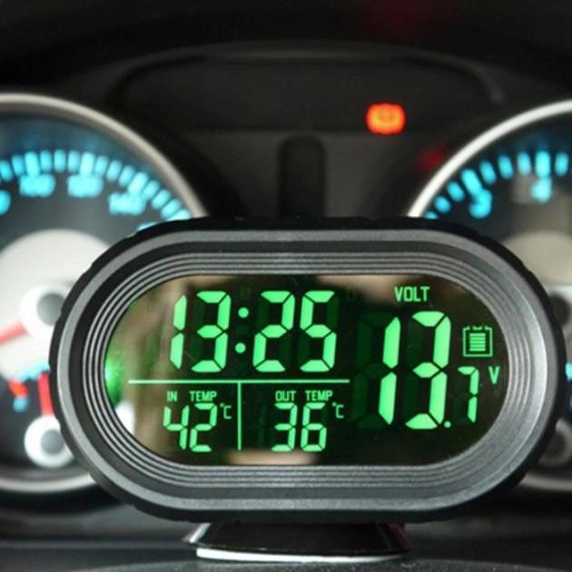 Автомобильные часы VST-7009V подсветка + 2 термометра + вольтметр, питание от аккумулятора авто 12В-24В