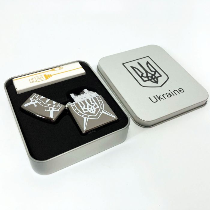 Дуговая электроимпульсная USB зажигалка Украина металлическая коробка HL-446. Цвет: черный