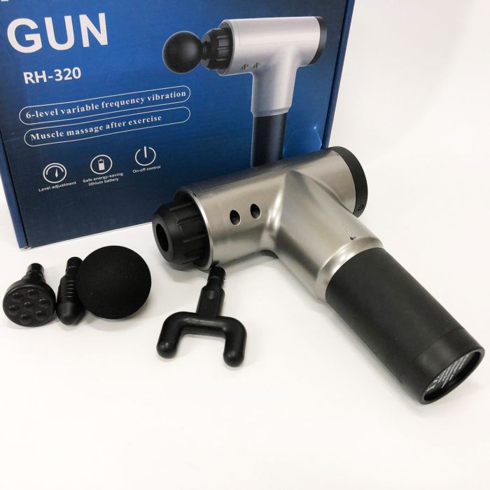 Аккумуляторный массажер Fascial Gun KH-320 портативный ручной ударный мышечный пистолет 4 насадки серый
