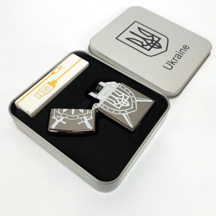 Дуговая электроимпульсная USB зажигалка Украина металлическая коробка HL-446. Цвет: черный