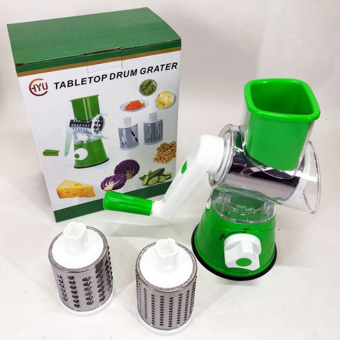 Овощерезка мультислайсер Tabletop Drum Grater Kitchen Master Терка для овощей и фруктов 3 насадки. Цвет: зеленый
