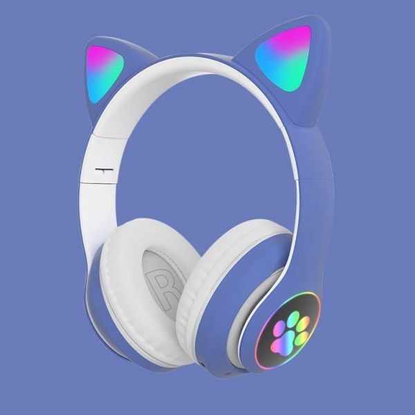 Беспроводные LED наушники с кошачьими ушками CAT STN-28, Стерео наушники с кошачьими ушками. Цвет: синий