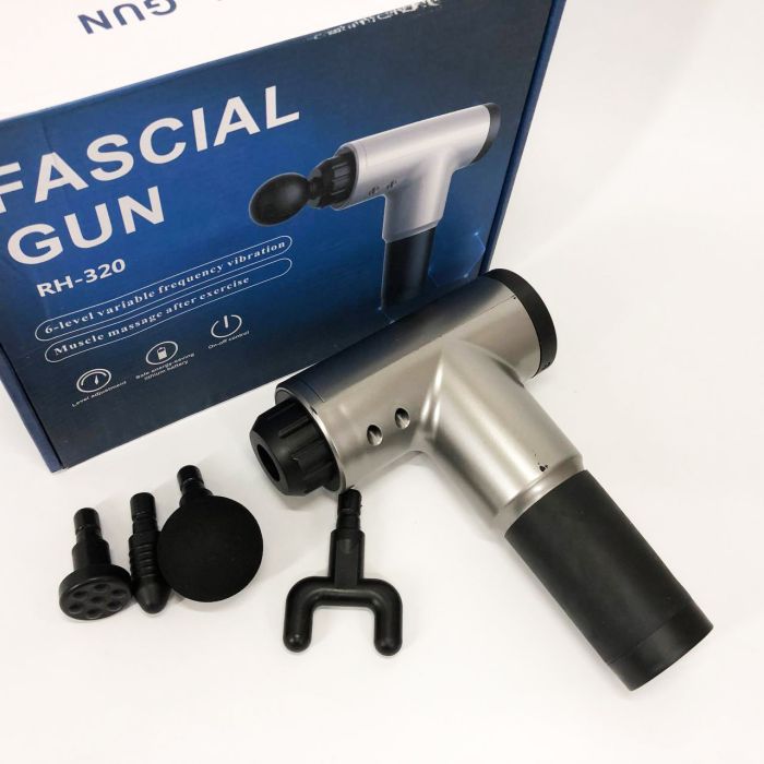 Аккумуляторный массажер Fascial Gun KH-320 портативный ручной ударный мышечный пистолет 4 насадки серый