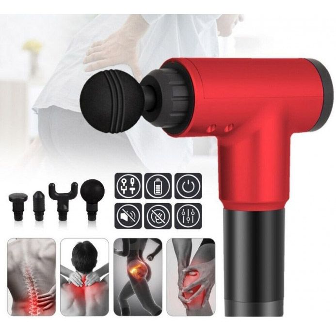 Аккумуляторный массажер Fascial Gun KH-320 портативный ручной ударный мышечный пистолет 4 насадки красный
