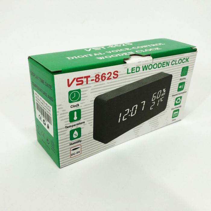 Электронные настольные часы VST-862S-6 черные с белой подсветкой, с датчиками температуры и влажности