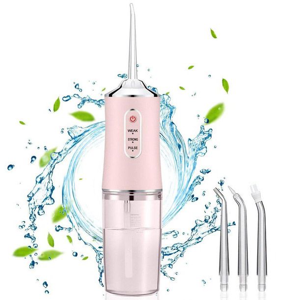 Ирригатор для чистки зубов и полости рта Oral Irrigator с аккумулятором и сменными насадками. Цвет: розовый