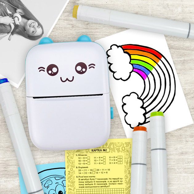Портативный минипринтер Mini printer с Bluetooth для термопечати без чернил со смартфона. Цвет: голубой