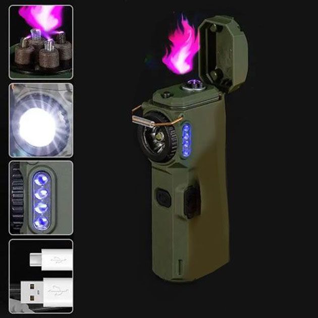 Фонарик-зажигалка армейская MULTIFUNCTIONAL D51-COB, Зажигалка на подарок в упаковке. Цвет: зеленый